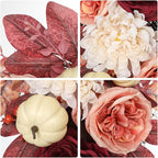 Harvest Teardrop Swag Fall Floral Swag sway with White Pumpkin Chrysanthemum Rose and Eucalyptus Leaves Autumn Teardrop sway for Home Front Door Wall Mantel Window Decor Pink and Burgundy