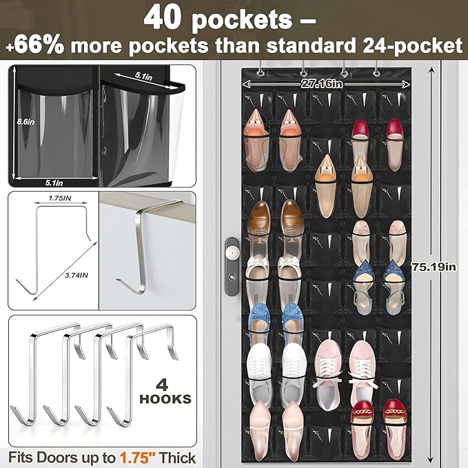 Over the Door Shoe Organizer with 40 Clear PVC Pockets – Waterproof Hanging Shoe Holder for Closet & Bathroom – Space-Saving Door Shoe Rack for Shoes, Toys, Toiletries & Snacks(Black)