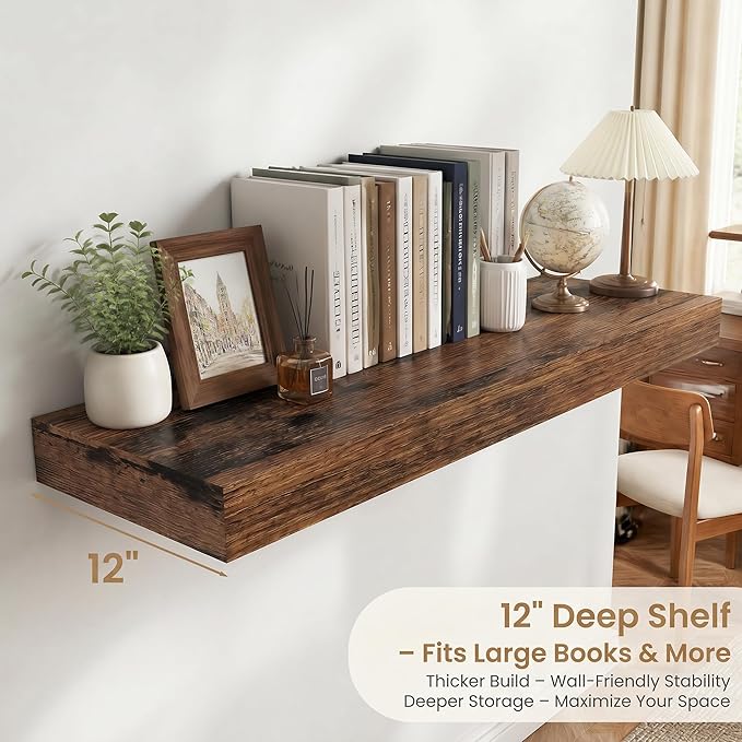 FLYJOE 36 Inch Long Floating Shelves for Wall Set of 2, 12" D Wood Grain Bathroom Shelves with Invisible Brackets, Easy Install Engineered Wood Storage Shelves for Kitchen, Living Room, Bedroom