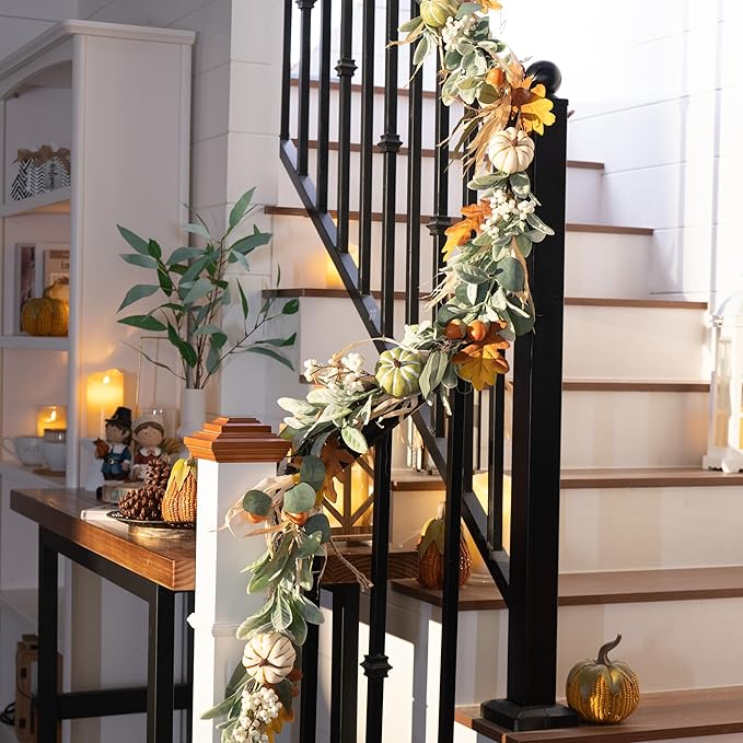 Valery Madelyn 24 inch Fall Pumpkin Teardrop Swag Autumn Harvest Door Hanger with Green & White Mini Pumpkins, Eucalyptus, Raffia, Berries and Striped Bow for Front Door Thanksgiving Table Centerpiece