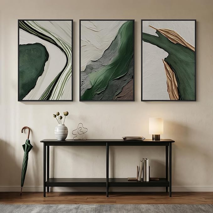 Large Framed Modern Abstract Wall Art for Living Room, 3 Piece Canvas Prints Paintings Artwork for Walls, Minimalist Green and White Pictures for Hallway Dining Bedroom Home Office Wall Decor 24x36 Inch