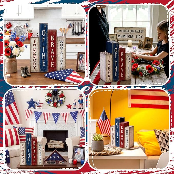 Lineshading 4 Pcs 4th of July Table Decoration Memorial Day Wooden Book America Decor Patriotic Tiered Tray Decor Red White Blue Block Sign for 250th Anniversary Independence Day Home Shelf Coffee Bar