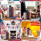 Lineshading 4 Pcs 4th of July Table Decoration Memorial Day Wooden Book America Decor Patriotic Tiered Tray Decor Red White Blue Block Sign for 250th Anniversary Independence Day Home Shelf Coffee Bar