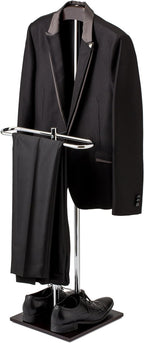 MyGift Brown Wood and Metal Valet and Suit Stand, Executive Men's Garment Organizer Rack Coat and Pants Hanger