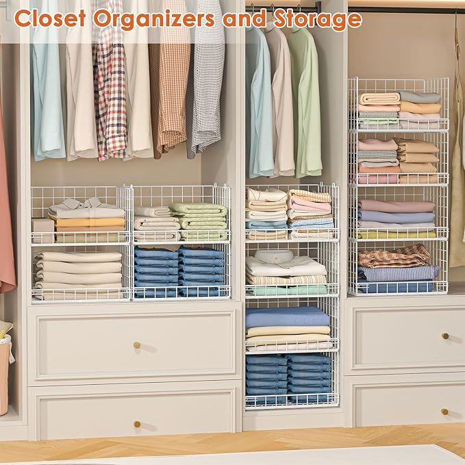8-Tier Stackable Closet Organizers and Storage Shelves, Foldable Closet Shelf Organizer, Stackable Storage Bins Drawers for Closet Organizer System, White(Patent Pending)