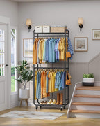Stylish Clothes Rack - Rust-Proof Clothing Rack with Shelves, Hangers, Removable Hooks, Anti-Tip Wardrobe Closet with Lockable Wheels & Wall Anchor for Bedroom, 33.0" x 12.6" x 78.7", Black