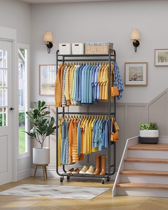 Stylish Clothes Rack - Rust-Proof Clothing Rack with Shelves, Hangers, Removable Hooks, Anti-Tip Wardrobe Closet with Lockable Wheels & Wall Anchor for Bedroom, 33.0" x 12.6" x 78.7", Black