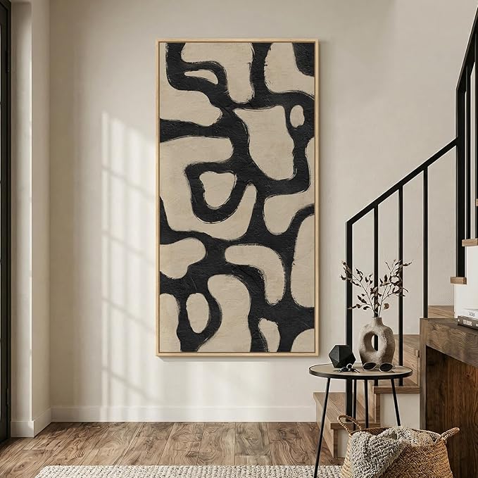 Oversized Framed Abstract Horizontal Wall Art for Living Room, Modern Neutral Black Beige Canvas Artwork for Walls, Extra Large Mid Century Paintings Print for Hallway Dining Room Wall Decor, 72x36 In
