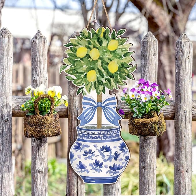 RattanView Large Size Chinoiserie Lemon Tree Door Hanger Rustic Topiary Wooden Sign Front Door Home Wreath Ornament for Farmhouse Indoor Outdoor Yard Porch Welcome Decor