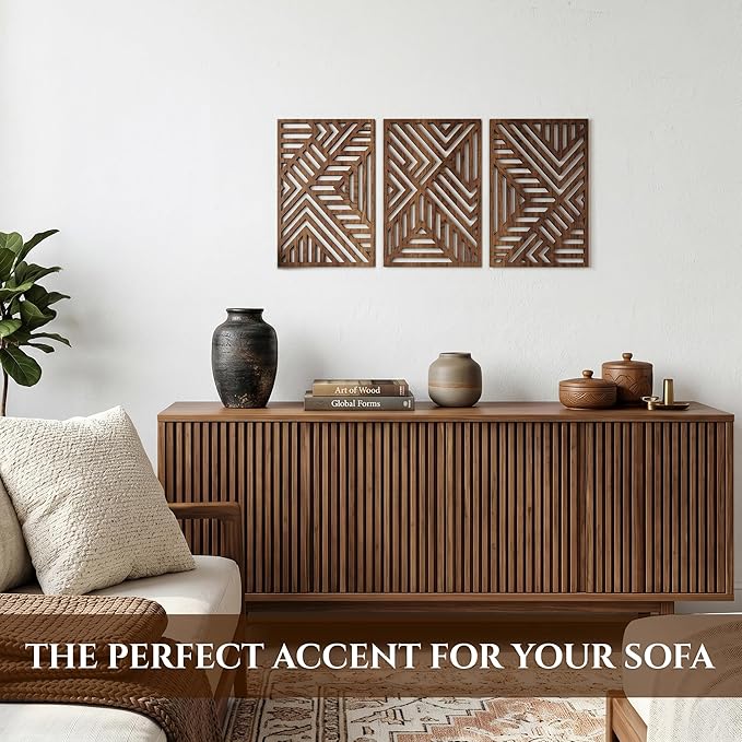 qmmp Modern Wooden Wall Sculptures - Set of 3 - Home Decor Accent - Large Wall Art for Living Room, Bedroom, Office - Easy Installation (Walnut, Medium - Direction)