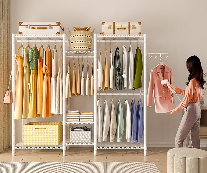 Heavy Duty Garment Rack, Portable Wardrobe Clothes Rack Freestanding Adjustable Clothing Rack with 7 Tiers Adjustable Wire Shelving and 4 Hanger Rods, Max Load 920LBS, White
