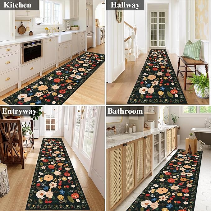 U'Artlines 2'6" x 10' Boho Runner Rug for Hallways Kitchen Colorful Floral Soft Non Slip Washable Floor Carpet Runners for Entryway Laundry Room Bathroom Green