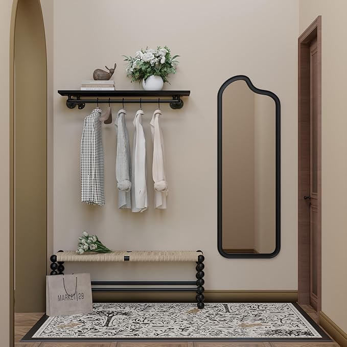 Clothes Rack 42in, Wall Mounted Garment Rack with Real Black Wood Shelf, Heavy Duty Hanging Clothes Rack, Multi-Purpose Hanging Rod, Space-Saving Closet Storage