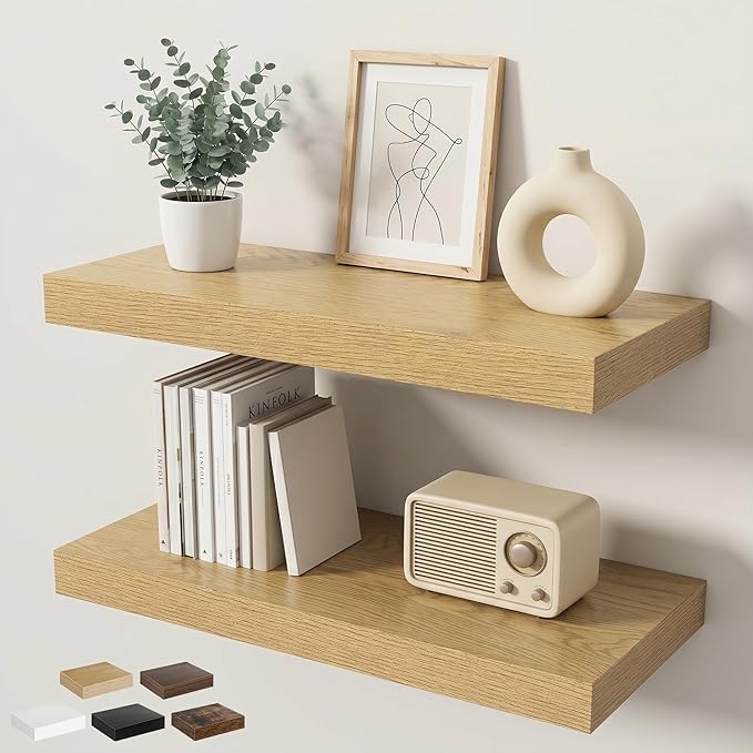 Floating Shelves for Wall 24 in x 9.3 in Deep, Wall Mounted Rustic Wood Shelf with Invisible Brackets for Storage & Display, Living Room Bedroom Bathroom, Oak, 2 Pack