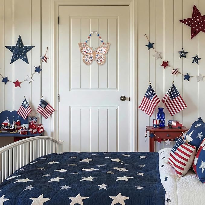 Valery Madelyn 4th of July Wreath, Patriotic Wreath for Front Door, Red White and Blue Butterfly Decor, Wooden Americana Sign for 4th of July Independence Day USA 250th Anniversary, 12 Inch