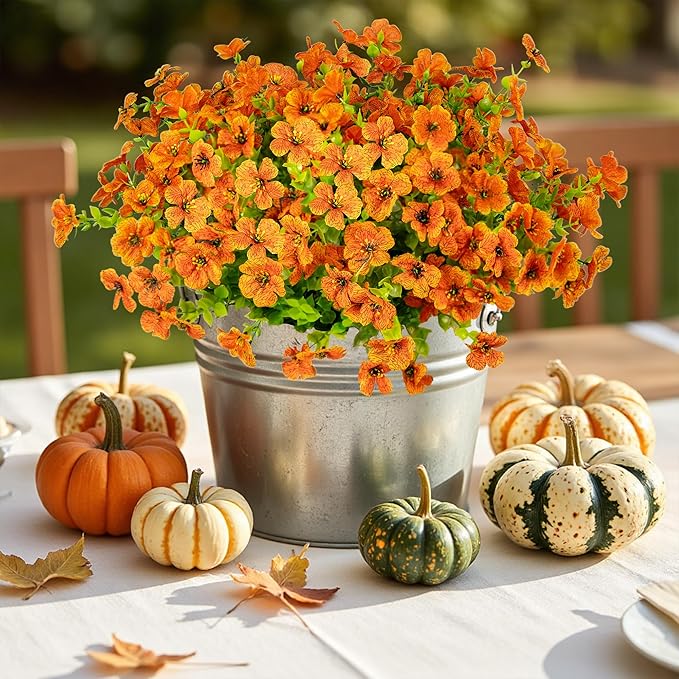 Artificial Fake Flowers for Outdoors Fall Autumn Decorations,Faux Mums Flowers Silk Daisy Plants Greenery Realistic UV Resistant for Outside Planter Front Porch Patio Boxwood Garden 16 Bundles(Orange)