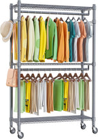 Homdox Rolling Clothes Rack Heavy Duty, 3-Tier Adjustable Wire Shelving Garment Organizer with Double Rods & Hooks, Portable Clothes Rack with Wheels, 17.72" D x 47.24" W x 80.71" H, Grey