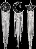 Jetec 3 Pcs Boho Macrame Dream Catcher Woven Wall Hanging Crescent Moon Star Sun Dreamcatcher with Long Tassel Large White Handmade Bohemian Home Decor Art Craft for Bedroom Room Decoration Gift