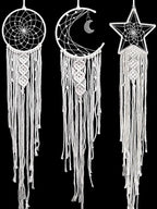Jetec 3 Pcs Boho Macrame Dream Catcher Woven Wall Hanging Crescent Moon Star Sun Dreamcatcher with Long Tassel Large White Handmade Bohemian Home Decor Art Craft for Bedroom Room Decoration Gift