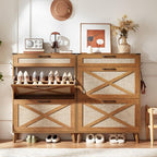 LEYAOYAO Shoe Storage Cabinet for Entryway with 2 Rattan Flip Drawers, Boho Narrow Shoe Cabinets for 16-20 Pairs Shoes with Large Drawers, Hidden Slim Shoe Rack with Wood Legs for Hallway, Tea Brown
