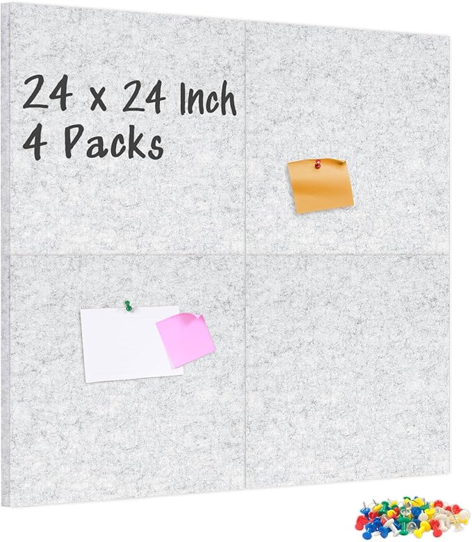 DOLLAR BOSS Felt Cork Board Tiles, 4 Packs 12" x 12" 1/2" Thick Cork Bulletin Board Self Adhesive Acoustic Panels Soundproof Corkboards for Walls with 40 Pushpins for Home Office School, Light Grey