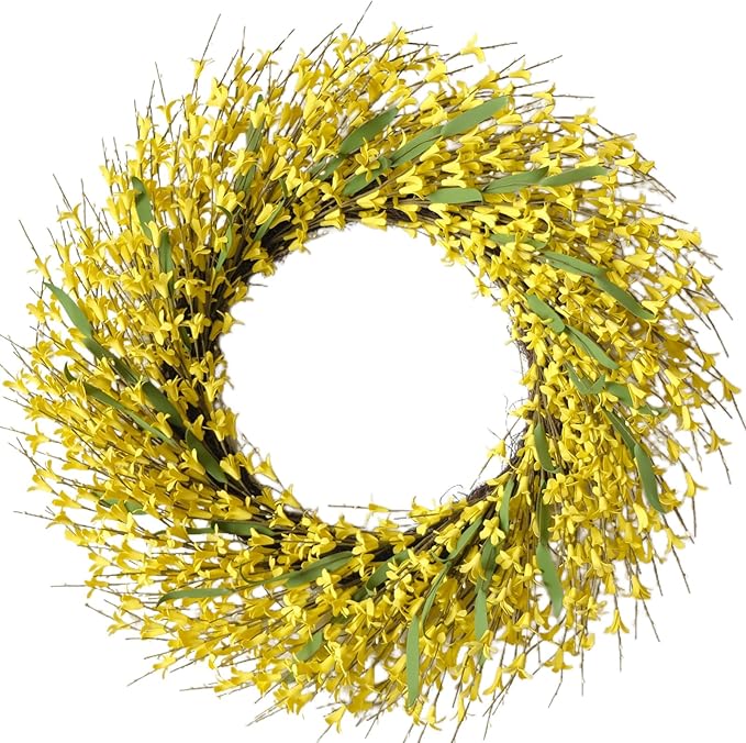 26 Inch Spring Wreaths for Front Door, Large Artificial Forsythia Flowers Wreath, Spring Summer Floral Wreath All Season for Home, Wall, Window, Porch, Wedding, Farmhouse Decor (Yellow)