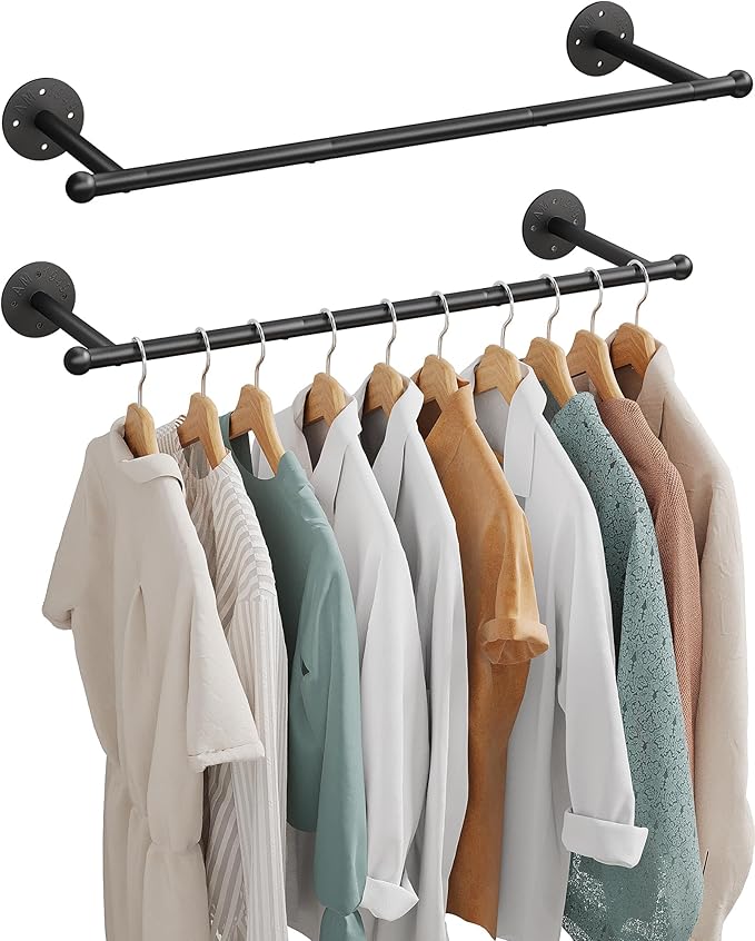 OROPY Industrial Pipe Clothing Rack Set of 2, Wall Mounted Clothes Rack, Closet Rods For Hanging Clothes, 33" Multi-purpose Hanging Rod for Laundry Room, Bedroom and Closet Storage