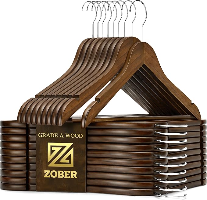 ZOBER Wooden Hangers - Heavy Duty, Non Slip Wood Hangers for Coats, Jackets, Suits, & Pants - Coat Hangers for Closet W/Bar and Notches 20 Pack