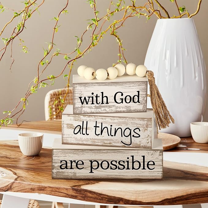 Yuntau 4 Pcs Farmhouse Wooden Tabletop Decor Farmhouse Tiered Tray Decor Rustic Retro Wood Bead Garland with God All Things are Possible Block Sign Neutral Centerpiece Sign for Home Shelf Mantle