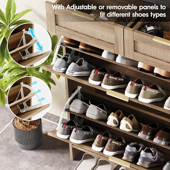 Shoe Cabinet with 2 Flip Drawers & 2 Drawers,Farmhouse Shoe Storage Cabinet for Entryway,Slim Freestanding Narrow Organizer Rack for Front Door Entrance,Rustic Oak Rattan