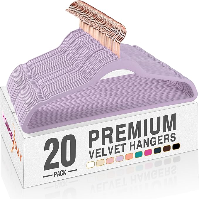 HOUSE DAY Lt-Purple Velvet Hangers 20 Pack, Premium Non-Slip Felt Clothes, Sturdy Heavy Duty Coat, Durable Hangers for Suits, Space Saving with No Hanger Mark, 360° Swivel Rotating Rose Gold Hook