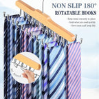 Tie Rack Hanger for Closet Fitnice Upgraded Non Slip Tie Holder Organizer Space Saving with 20 Foldable Hooks Wooden Belt Hanger for Tank Tops Bras Cami Scarves