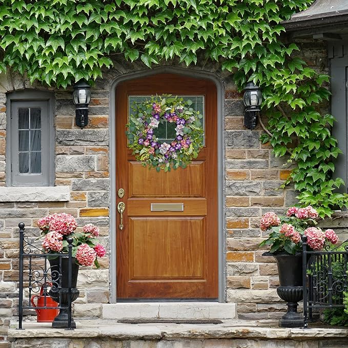 Jobflower Spring Wreaths for Front Door, 24 Inch Purple Summer Wreath Everyday Artificial Wild Flower Wreath for Wedding Home Wall Window Porch Indoor Decor