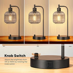QiMH Industrial Table Lamp for Bedroom Set of 2, Grey Glass Beside Lamp with USB A&C Ports, Stepless Dimmable Black Lamps, Nightstand Lamps for Living Room, Office, Home Decor(Bulb Included)