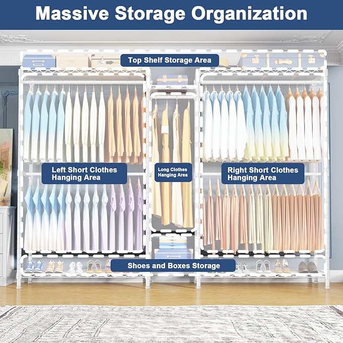 Ulif E12C Max Heavy Duty Closet Organizer System，Freestanding Clothing Rack, Adjustable Garment Rack 83" W x 16" D x 76.5" H Holds 1060 lbs, White Clothing Rack with White Dustproof Cover