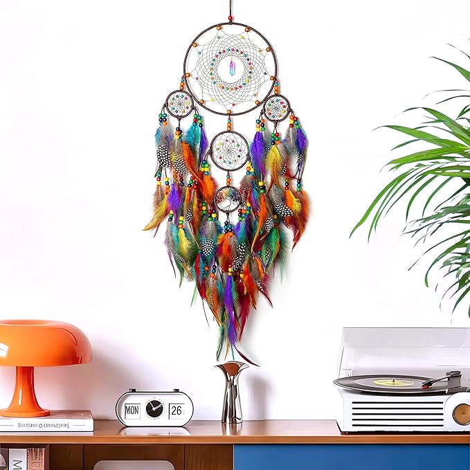 Large Dream Catchers, Handmade Woven Colorful Dream Catcher Wall Hanging, with Tree of Life Natural Healing Crystal Stone for Bedroom Wedding Party Decor, Festival Blessing Gift (Colorful)