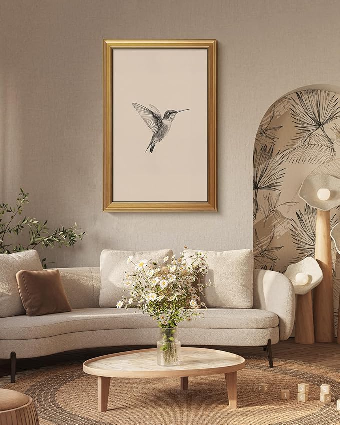 VIYYIEA Vintage Gold Framed Wall Art for Living Room, Birds Canvas Prints Home Decor, Sketch Painting Picture, Bedroom Wall Decor Gifts for Friends or Family -【Hummingbird】-(36L x 24W)