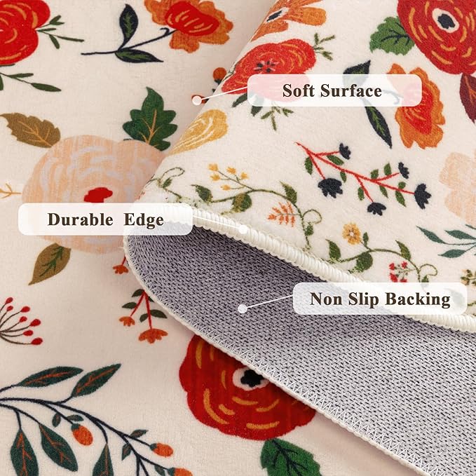 U'Artlines 8x10ft Colorful Floral Area Rug, Machine Washable Ultra Soft Low Pile Non Slip Non Shedding Accent Floor Carpet for Living Room, Bedroom, Dining Room, Office (Beige)