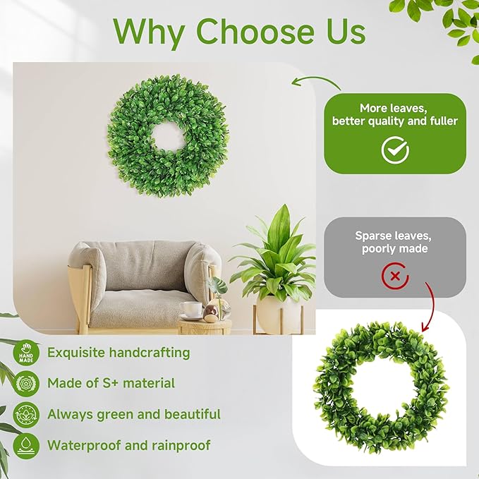 Vlorart 24 Inch Faux Round Boxwood Wreath, Weatherproof Front Door Large Wreaths Artificial Spring Summer Greenery Wreath with Sash for Farmhouse Wedding Year Round Indoor and Outdoor