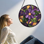Stained Glass Window Hanging, Purple Green Flowers Sun Catcher for Door Home Decor Plants Suncatcher Christmas Mother's Day Birthday Gifts for Women Men Mom and Nana 6.3 in