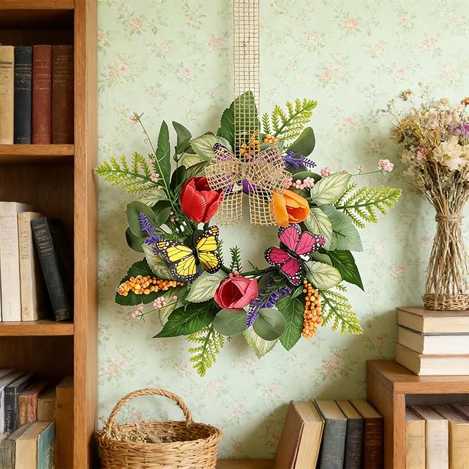 4 PCS Spring Lavender Tulips Hanging Wreaths for Kitchen Cabinets Artificial Small Floral Wreaths for Front Door with Butterfly Spring Summer Mini Wreath for Home Farmhouse Window Porch Wall Decor