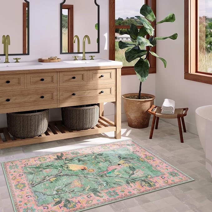 Lahome Botanical Birds Washable 3x5 Pink Living Room Bathroom Rugs for Entryway, Vintage Soft Non Slip Indoor Throw Carpet for Nursery Bedroom Classroom