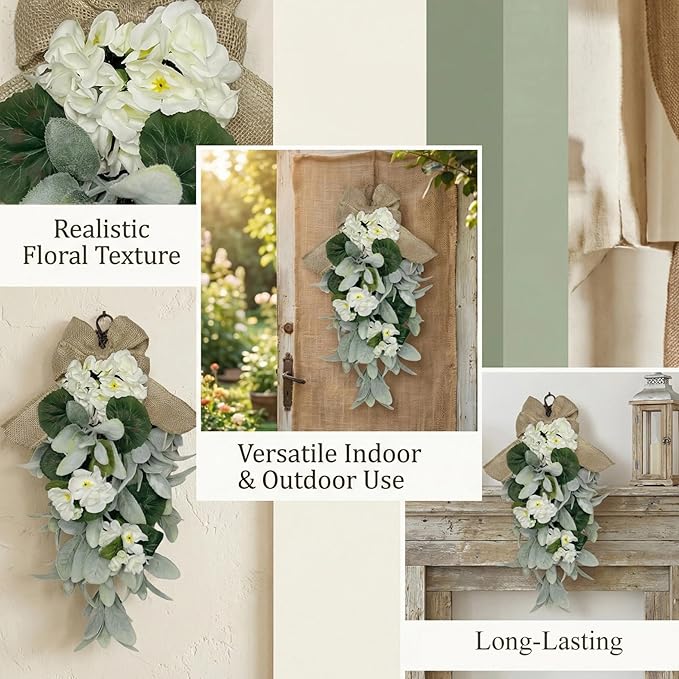 18.9 Inch Artificial Teardrop Swag with Burlap Bow, Farmhouse Decor for All Seasons, Green and White Faux Wreath for Front Door, Wall, or Wedding
