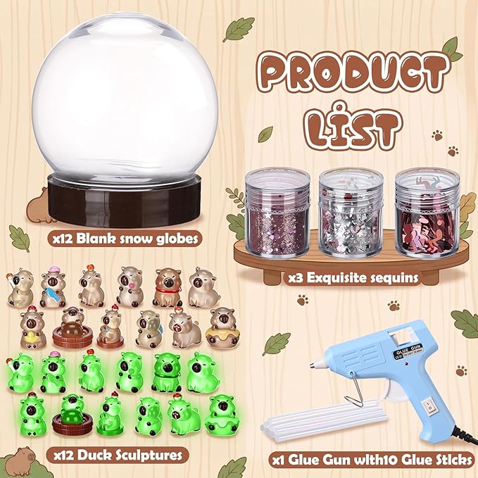 12 Sets Capybara Clear Plastic Snow Globes Kit with Glow in the Dark Resin Capybara, Sequins Flakes, Glue Guns for DIY Snow Globes Craft Gifts for Birthday Party Favor