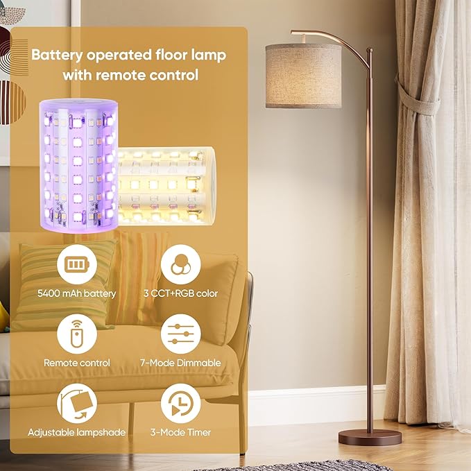 Battery Operated Floor Lamp, RGB Dimmable Cordless Standing Lamp with Remote Control for Living Room, Tall Floor Lamp for Bedroom -Brown