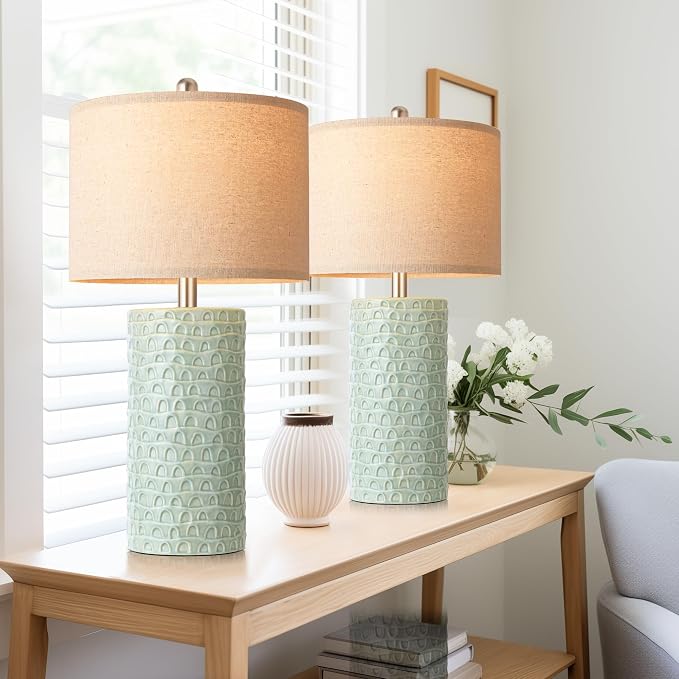 PARTPHONER 23" Modern Ceramic Table Lamp Set of 2, Table Lamps for Living Room, Rustic Farmhouse Bedside Lamps Nightstand lamp for Bedroom, Desk Lamp for End Table Home Decor Light Green