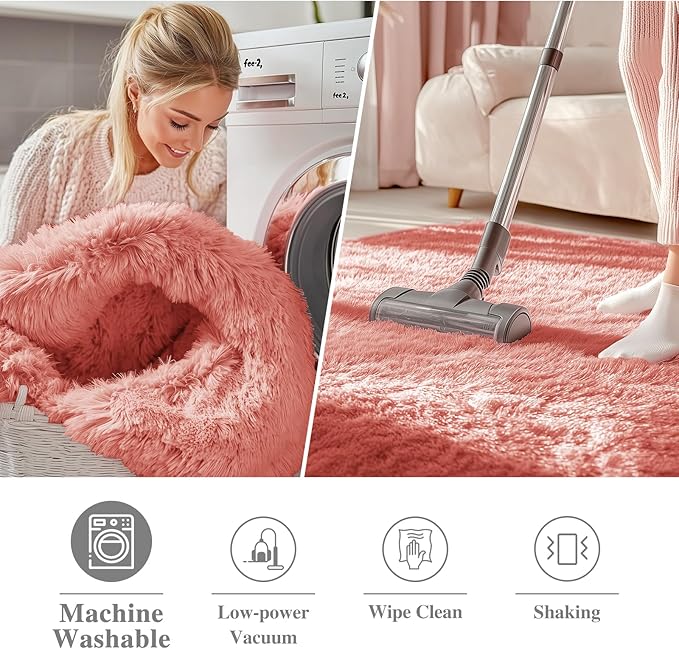 OLANLY Rust Red Round Rugs for Bedroom - Machine Washable, 8 ft Circle Area Rugs for Living Room, Soft and Fluffy Shaggy Carpet for Teen Girl and Boys, Nursery Rooms, Dorms, Home Decor Aesthetic