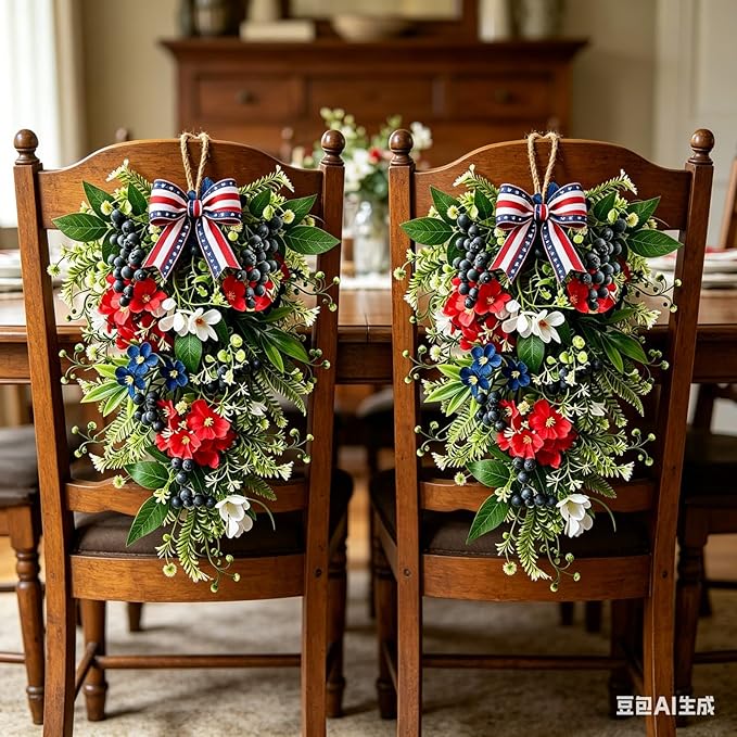 2 Pack 21'' Patriotic Teardrop Swag Wreaths Artificial 4th of July Hanging Swag for Cabinets Red White Blue Floral Navy Blue Berries for Independence Day Memorial Day Front Door Porch Window Wall