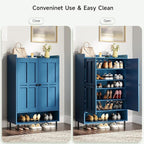 ONBRILL Shoe Cabinet with Cross Molding Doors, 6-Tier Shoe Storage Cabinet with 3 Adjustable Shelves and Metal Legs, 45'' Tall Shoes Rack Organizer Cabinet for Entryway, Front Door, Blue
