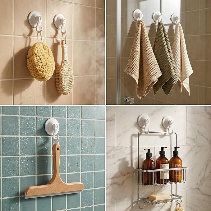 Powerful Suction Cup Hooks, 2-Pack Vacuum Wreath Hanger for Glass Door & Window, 20 lbs Large Waterproof Towel Hooks for Bathroom Shower, Removable No-Drill Utility Hooks, Cream